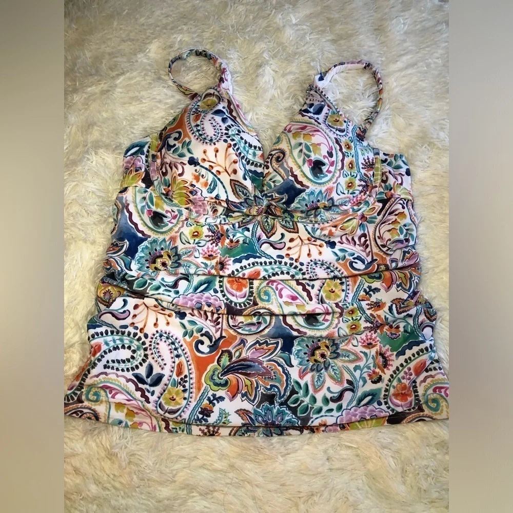 VENUS Blue and Orange Ruched Fitted Floral geometric Bikini tankini size 12 NWT